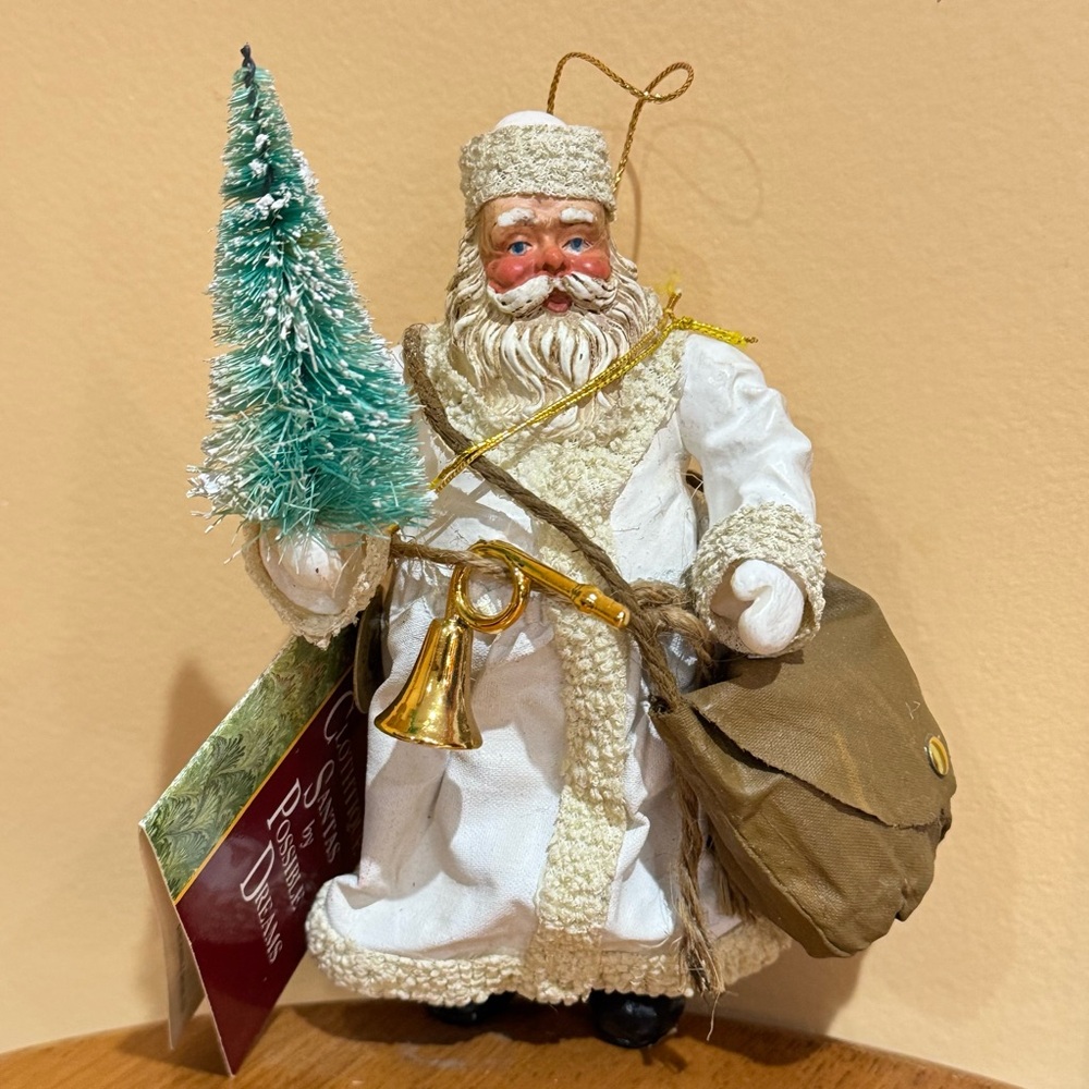 Clothique Possible Dreams Vintage Santa In White Coat Ornament Figurine 6” w/Tag